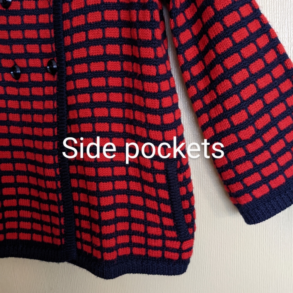 Beth Bowley Cardigan Sweater Red Blue Wool Cowl Neck Check Size Small - Picture 7 of 15